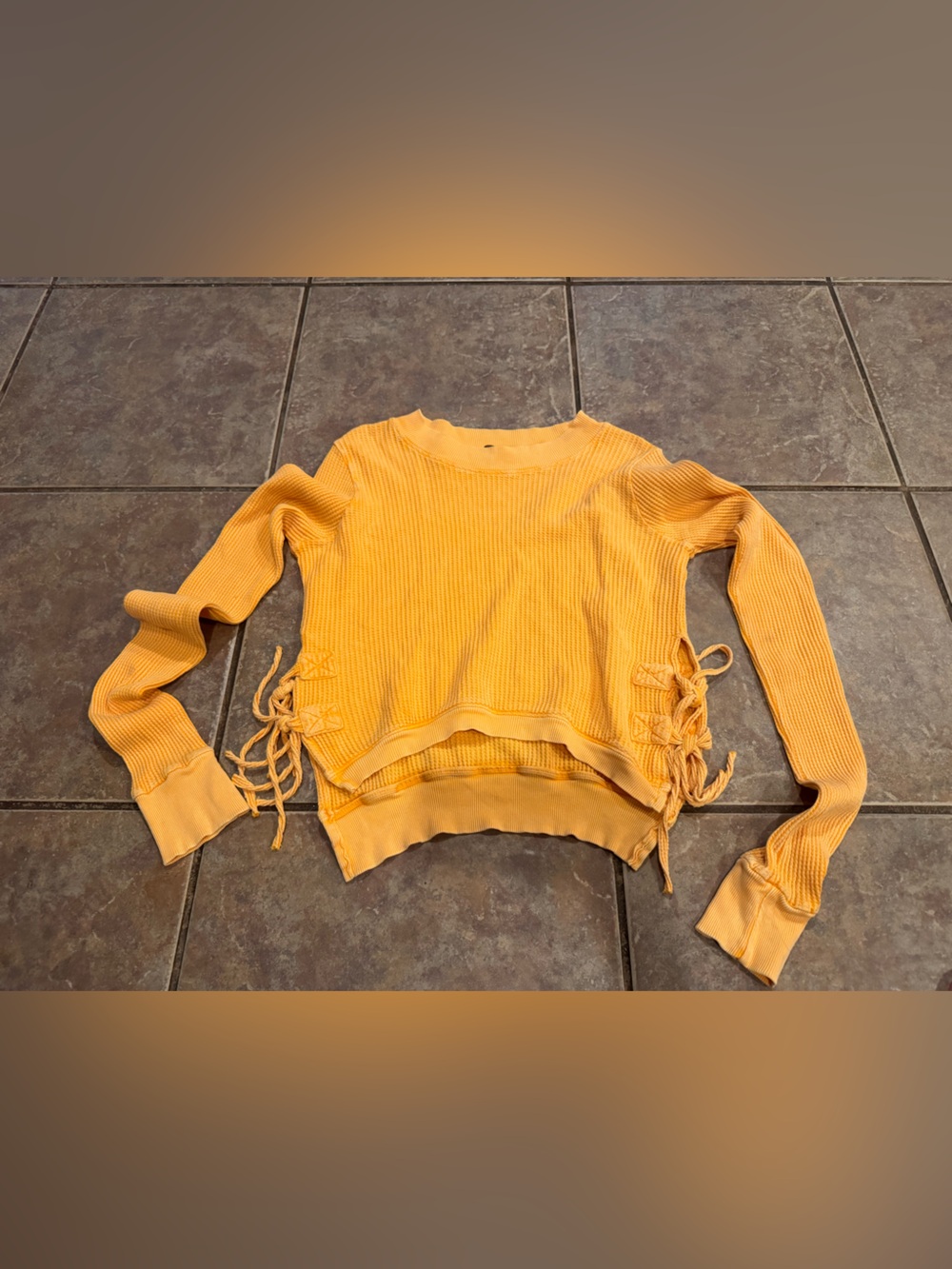 Free People Yellow/Orange Interlaken Cropped ThermalKnit Lace-Up Long Sleeve Top